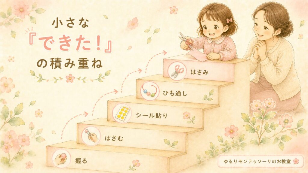 握る・はさむ・シール貼り・ひも通しを経てはさみにつながる発達の流れ