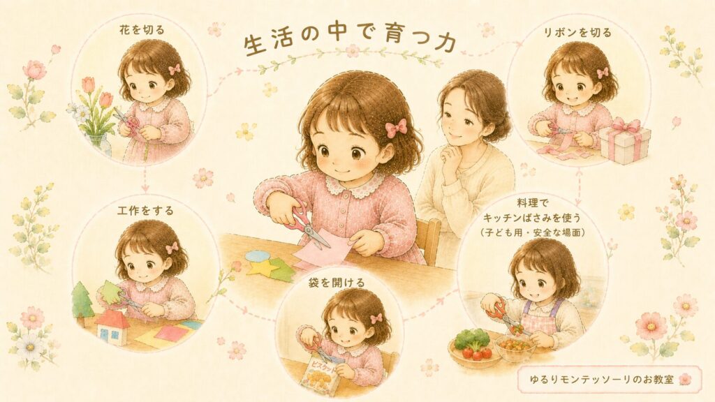 花を切る・料理をするなど生活ではさみを使う子どものイラスト