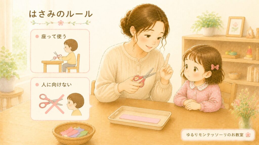 はさみのルールを伝えているお母さん