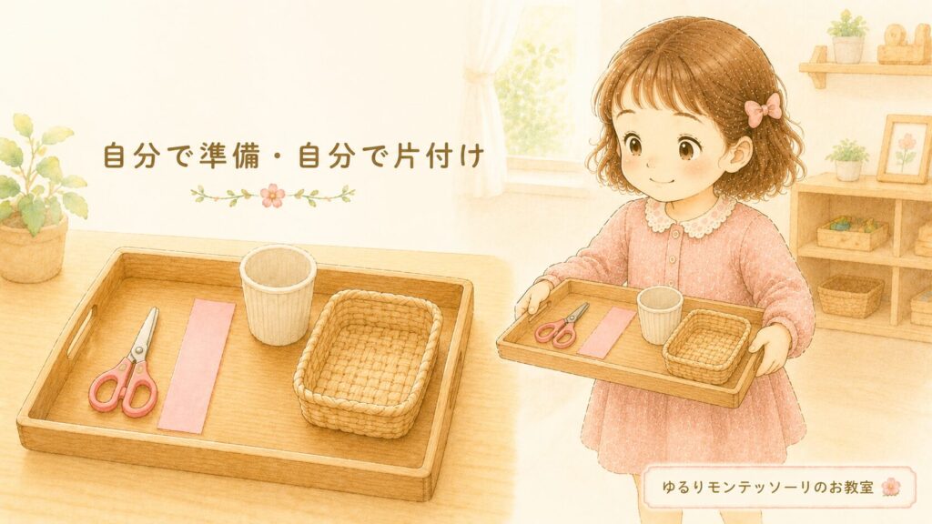 はさみと画用紙をトレイにまとめたモンテッソーリの活動セッ