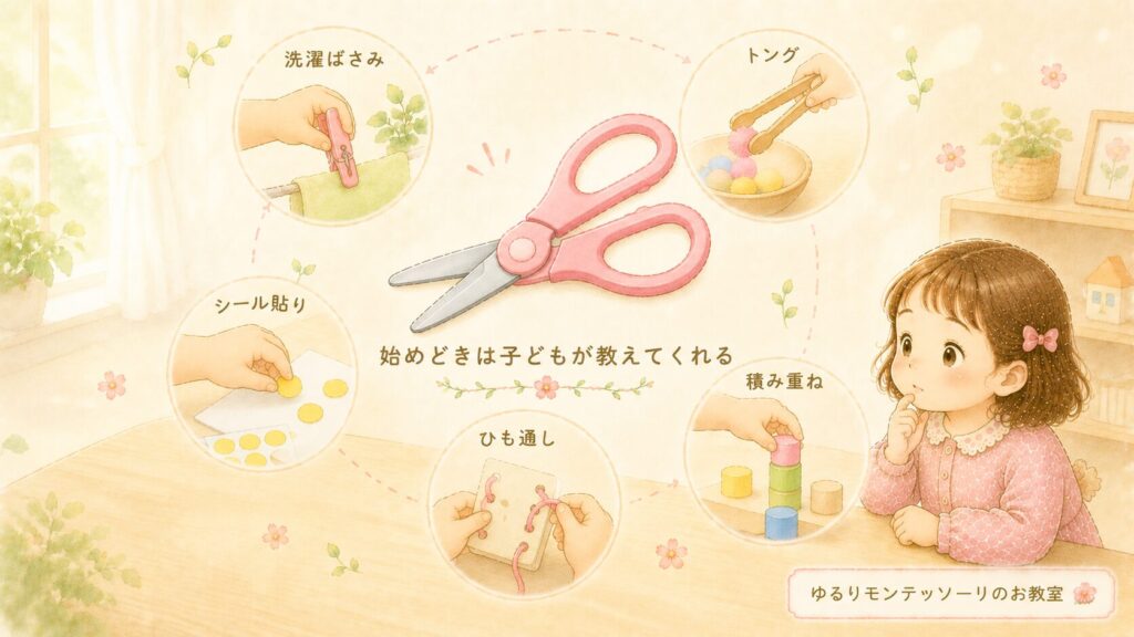はさみにつながる洗濯ばさみやトングなどの前段階活動のイラスト