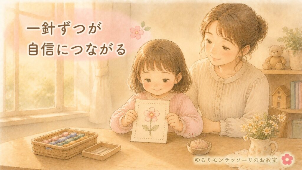 縫い刺しをやり遂げて達成感を感じる女の子