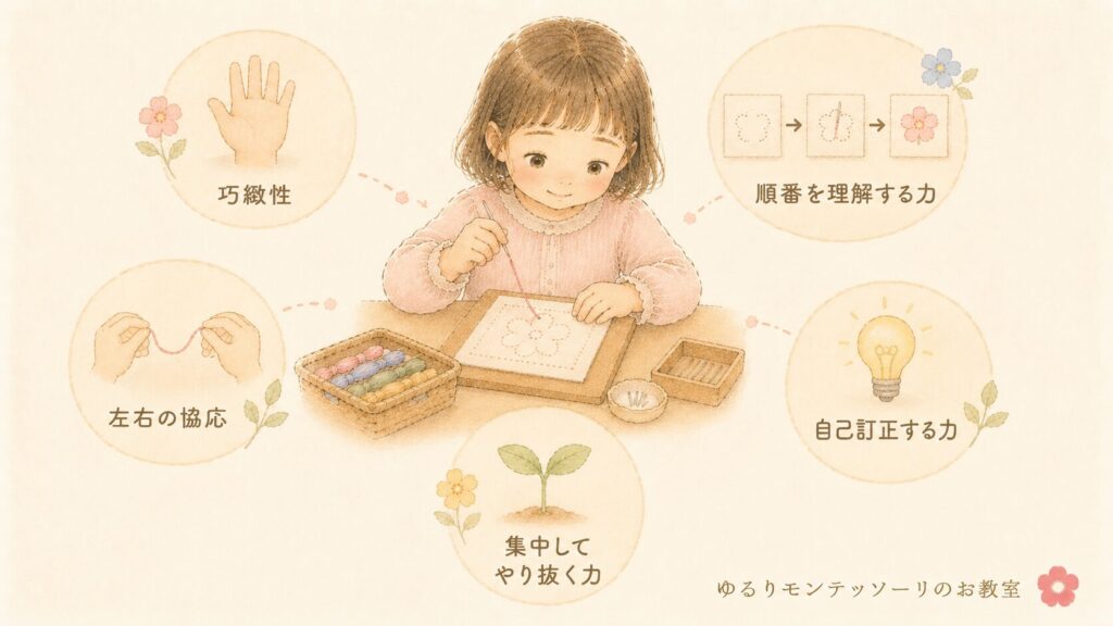 縫い刺しで育つ5つの力をまとめたイラスト