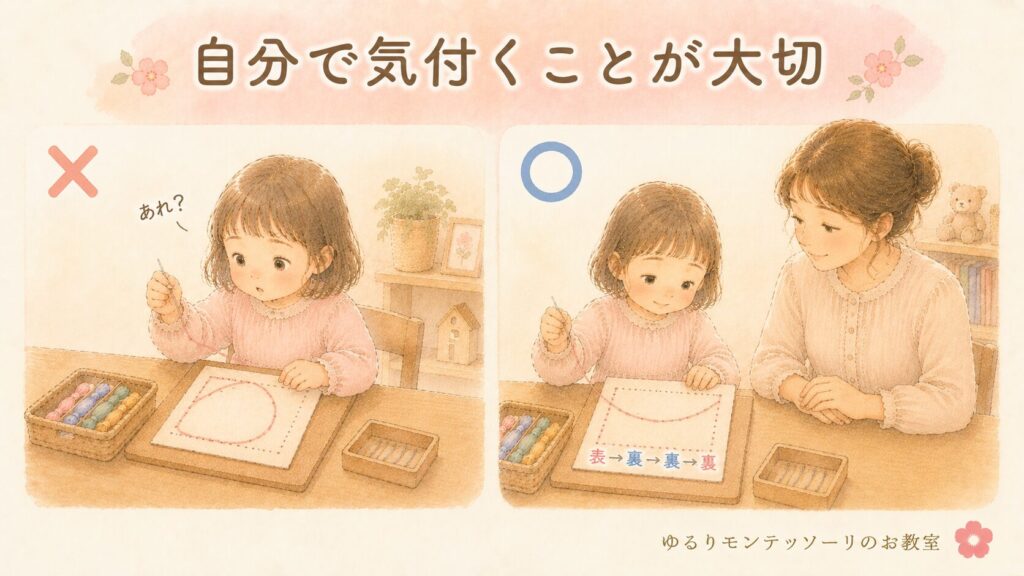 縫い刺しで表と裏を交互に縫い自己訂正する子ども