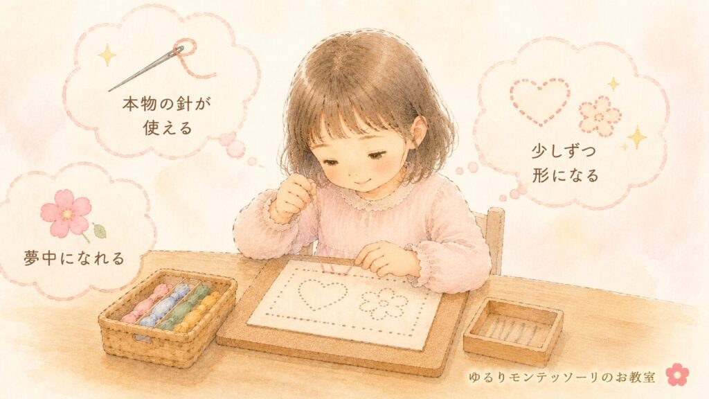 縫い刺しに夢中になって取り組む子どもの様子