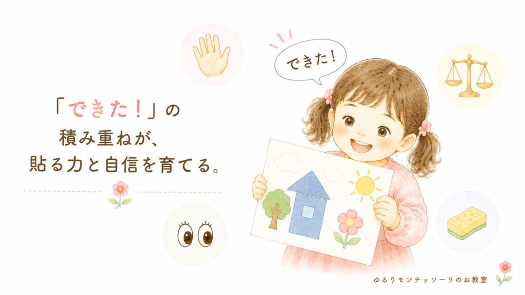 のり貼りで育つ力をまとめたイラスト