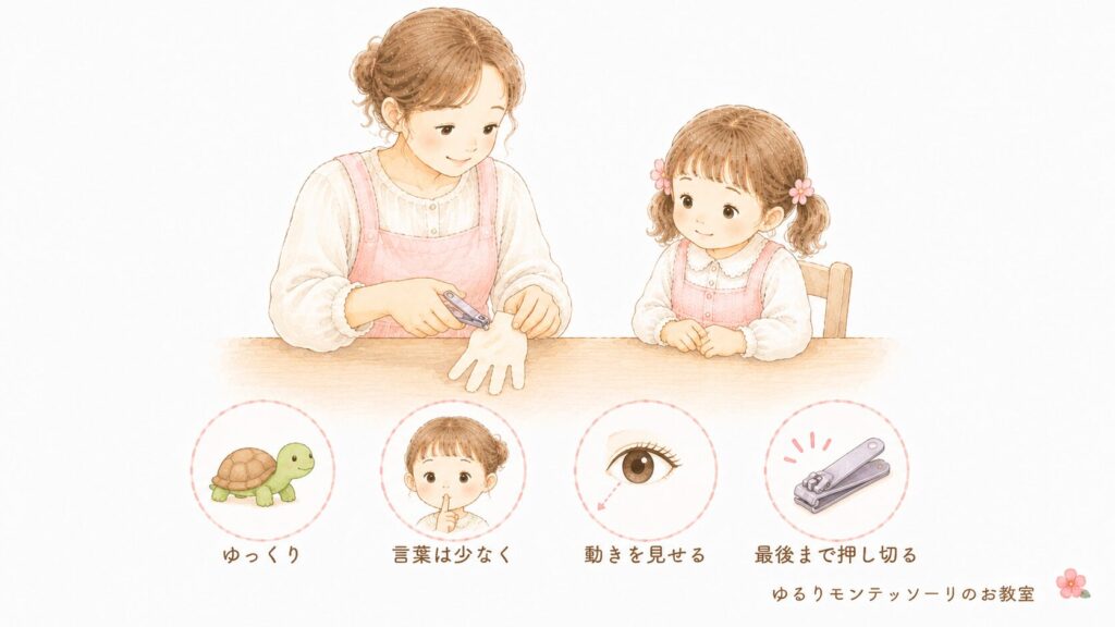 爪切りのおしごとの提示方法を説明したイラスト