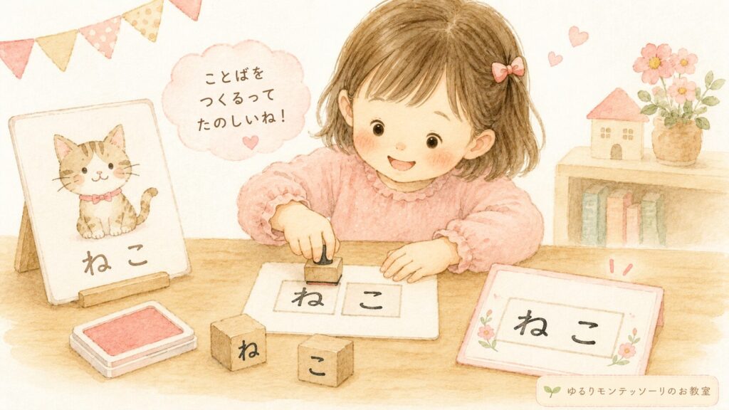 ひらがなスタンプで「ねこ」を作って楽しむ女の子