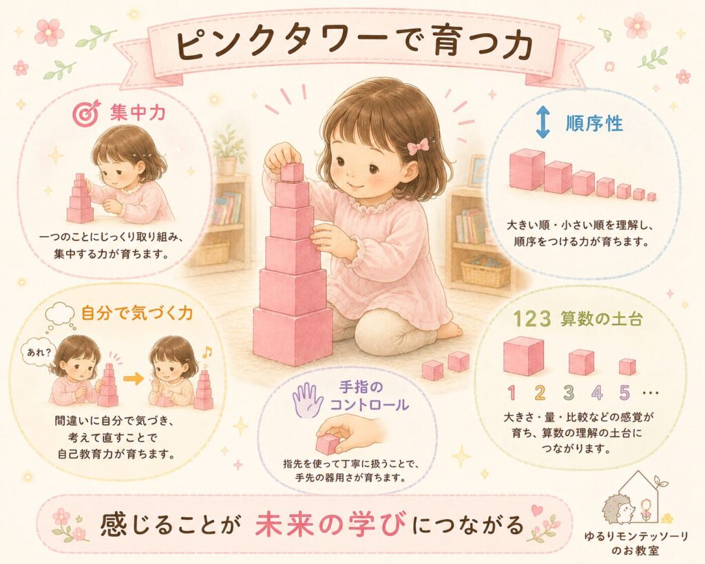 集中力や順序性、自己教育力、算数の土台など、ピンクタワーで育つ力を表したイラスト