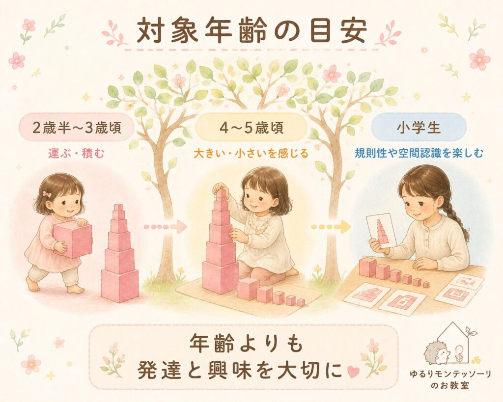 発達や興味に合わせて長く楽しめるピンクタワーの対象年齢を表したイラスト