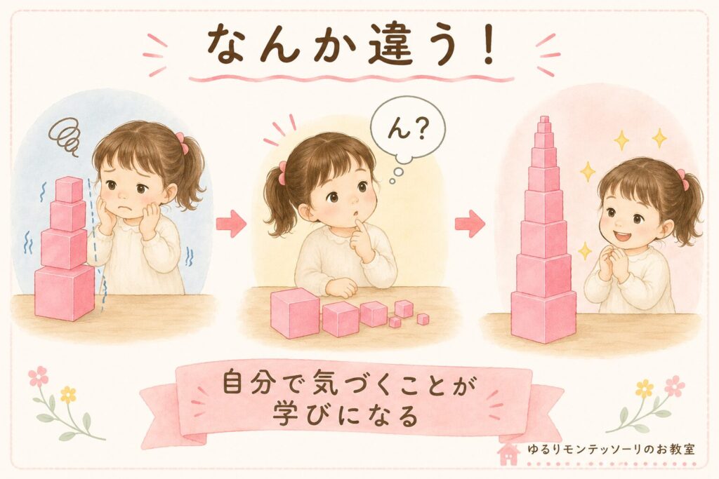 間違いの自己訂正を通して、自分で気づく力を育むピンクタワーのイラスト
