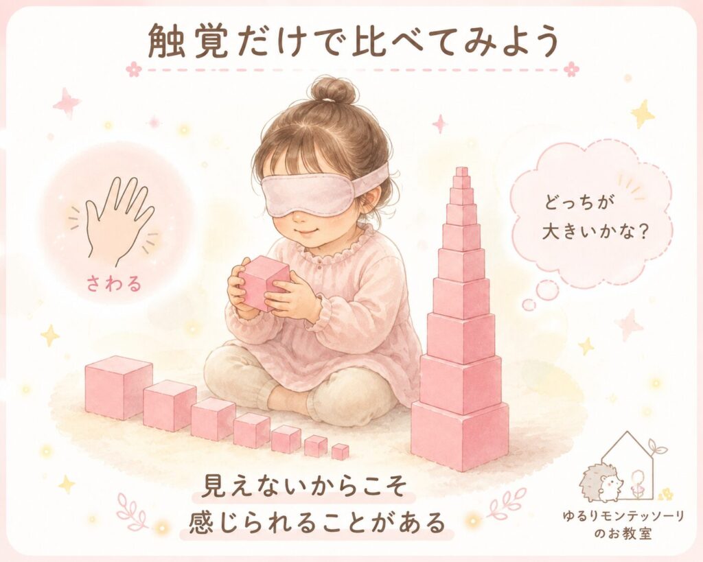 アイマスクをつけて触覚だけでピンクタワーの大きさを比べる発展活動のイラスト