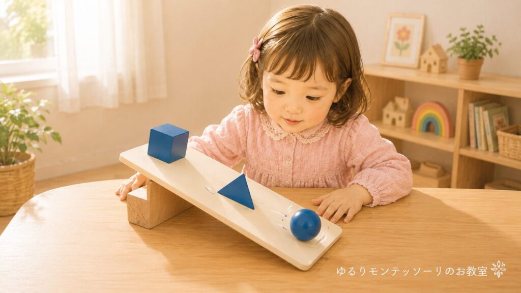 立体が転がるか実験している女の子のイラスト