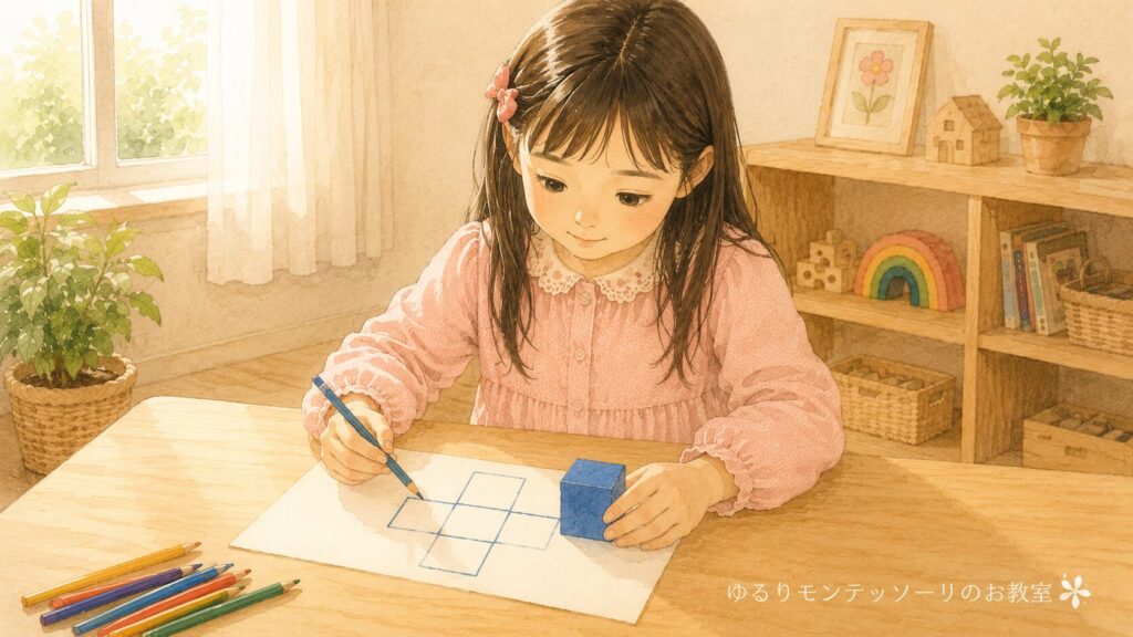 立方体の展開図を紙に書いている女の子のイラスト