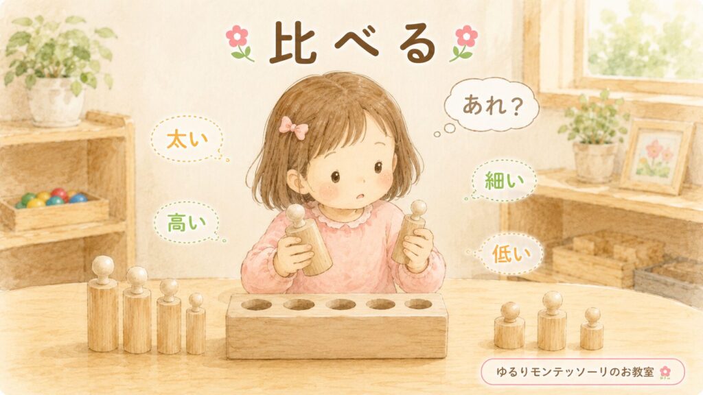 円柱の太さや高さを見比べる子どものイラスト