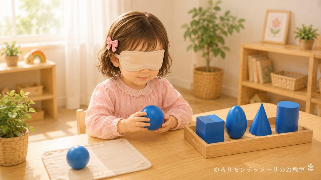 目隠しをして幾何学立体を触っている女の子のイラスト