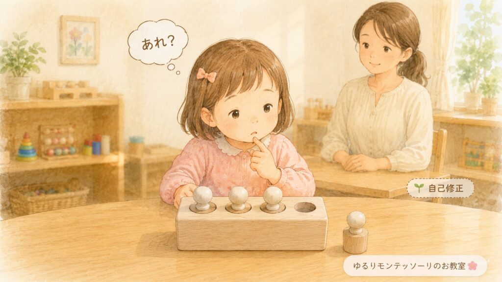 円柱さしで自己修正しながら取り組む子どものイラスト