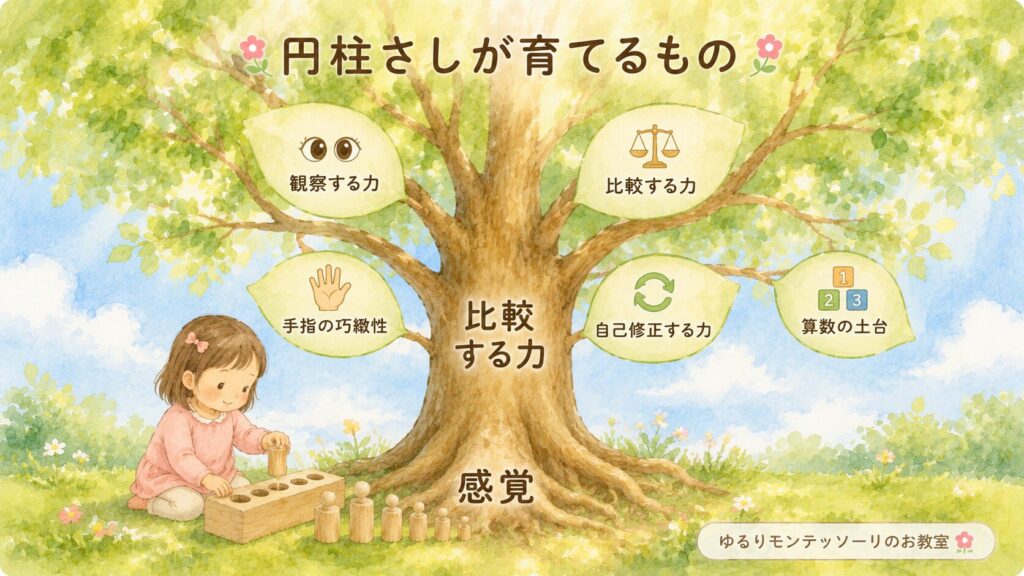 円柱さしで育つ比較する力や算数の土台を表したイラスト