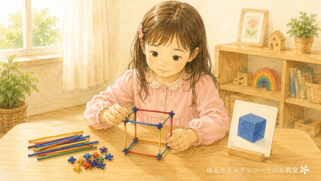 骨組み作りで立方体を作っている女の子のイラスト