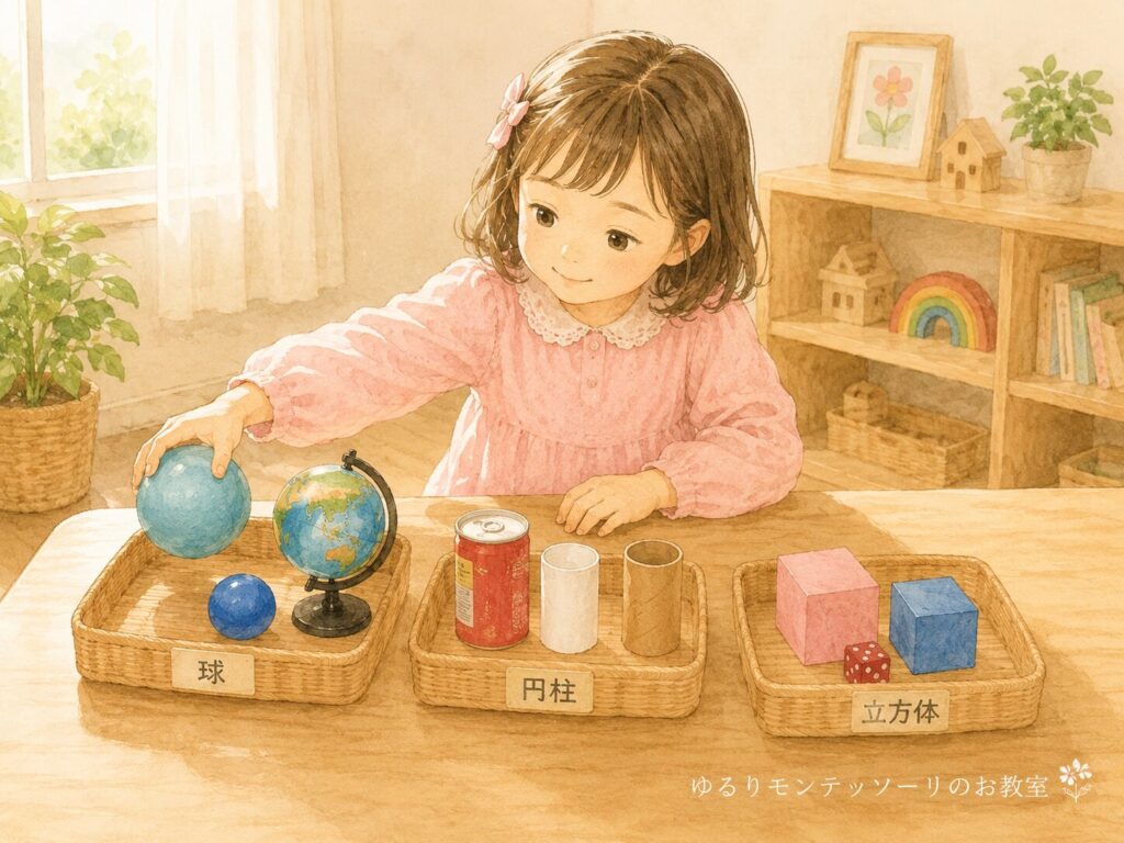 幾何学立体と家のものを合わせている女の子のイラスト