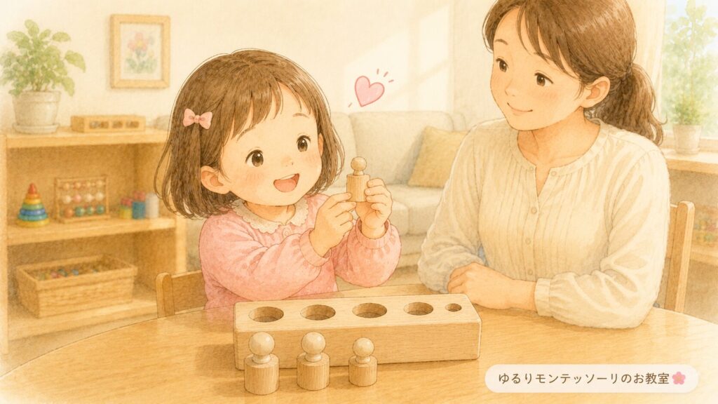 一番小さい円柱を大切そうに持つ子どものイラスト