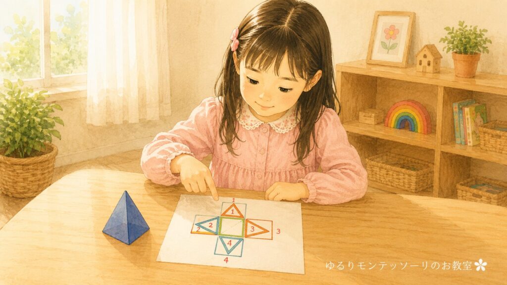 展開図を見ながら図形を確認している女の子のイラスト