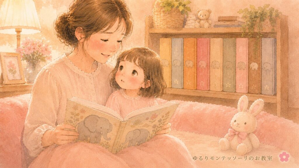 絵本を読んで涙ぐむお母さんと不思議そうな女の子