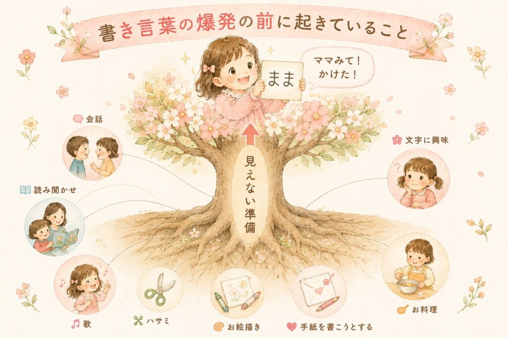 会話や絵本、お絵描きや手紙など、書き言葉の爆発の前に起きている見えない準備を表した木のイラスト