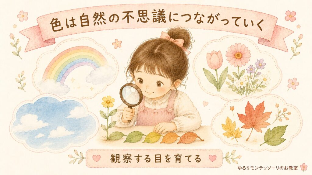 虹や花、空など自然の色を観察する女の子のイラスト。モンテッソーリの色板から自然科学への興味が広がる様子。