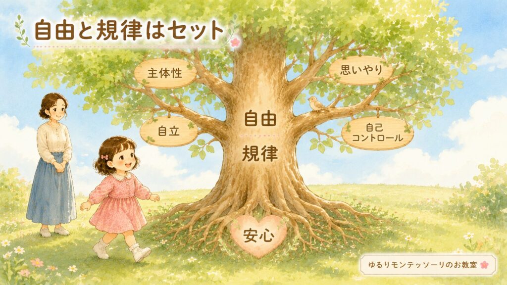 自由と規律のバランスの中で自立へ成長する子どものイラスト