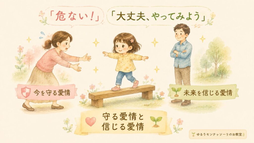 転びそうな子どもを守ろうとする母親と、挑戦を見守る父親を描いた父性と母性のイラスト