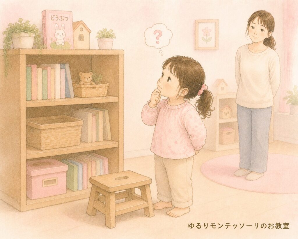絵本を取りたい女の子と見守る女性