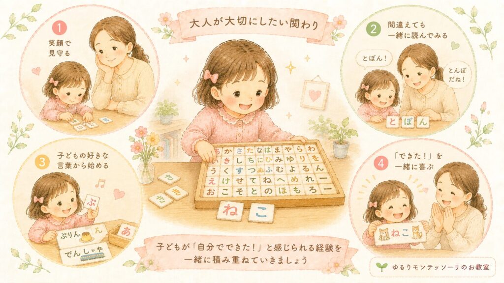移動五十音を見守りながら一緒に喜ぶ親子