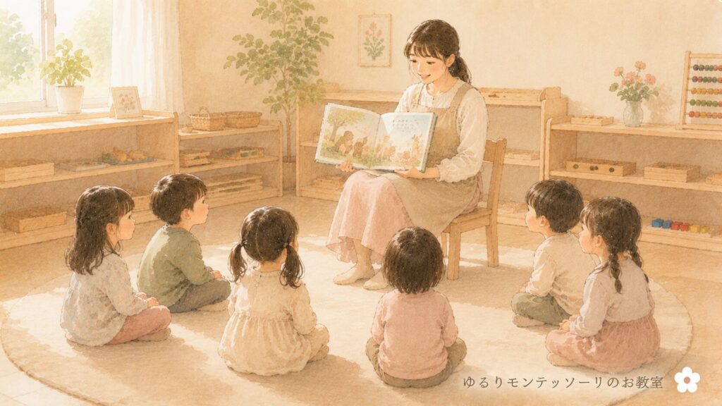 モンテッソーリ幼稚園で先生の読み聞かせを聞く子どもたち