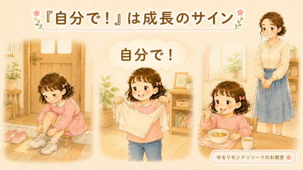 靴を履いたり服を着たりと、自分でやろうとする子どものイラスト