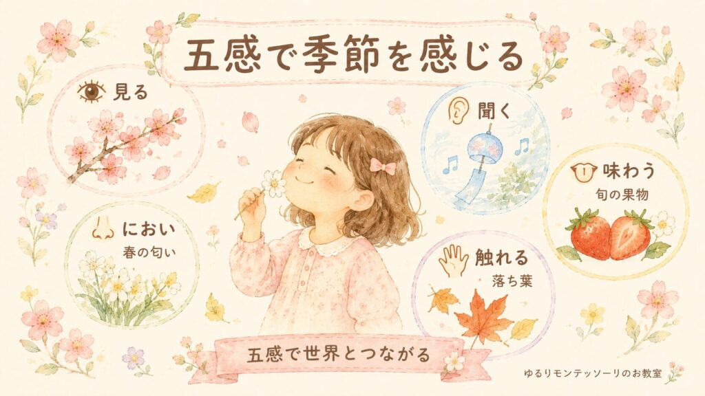 見る・聞く・嗅ぐ・味わう・触れることで季節を感じる女の子のイラス