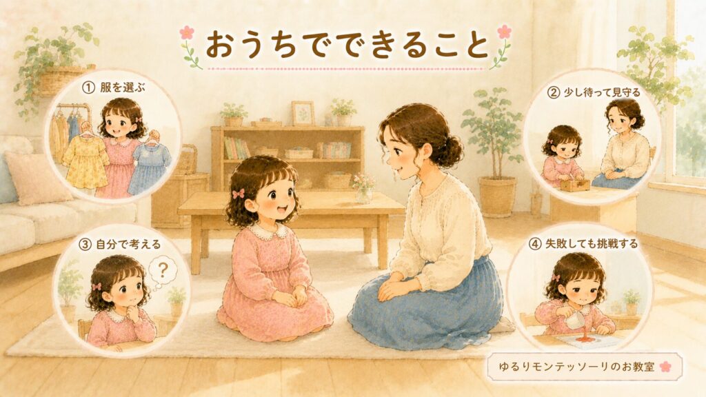 家庭で子どもの主体性を育てる関わり方を表した親子のイラスト