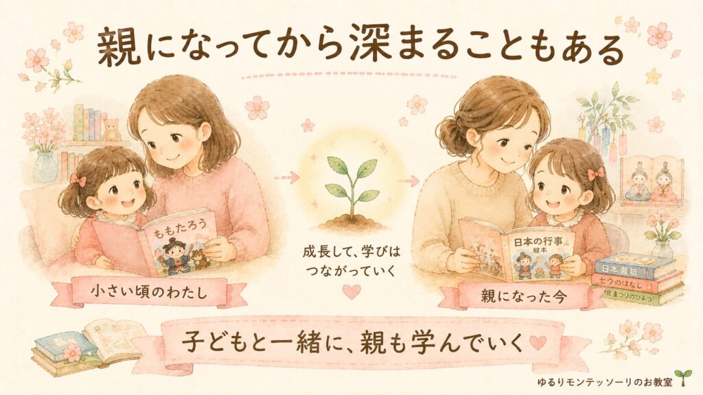 親になってから昔話や行事の意味を学び直す親子のイラスト