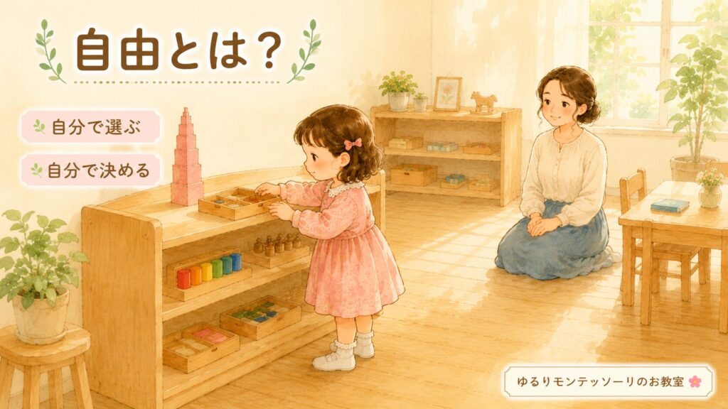 子どもが自分で活動を選び大人が見守るモンテッソーリ教育のイラスト