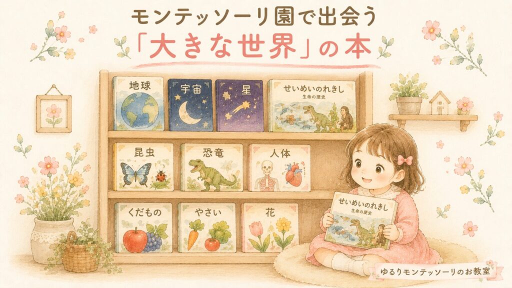 『せいめいのれきし』を抱える幼い女の子と本棚のイラスト