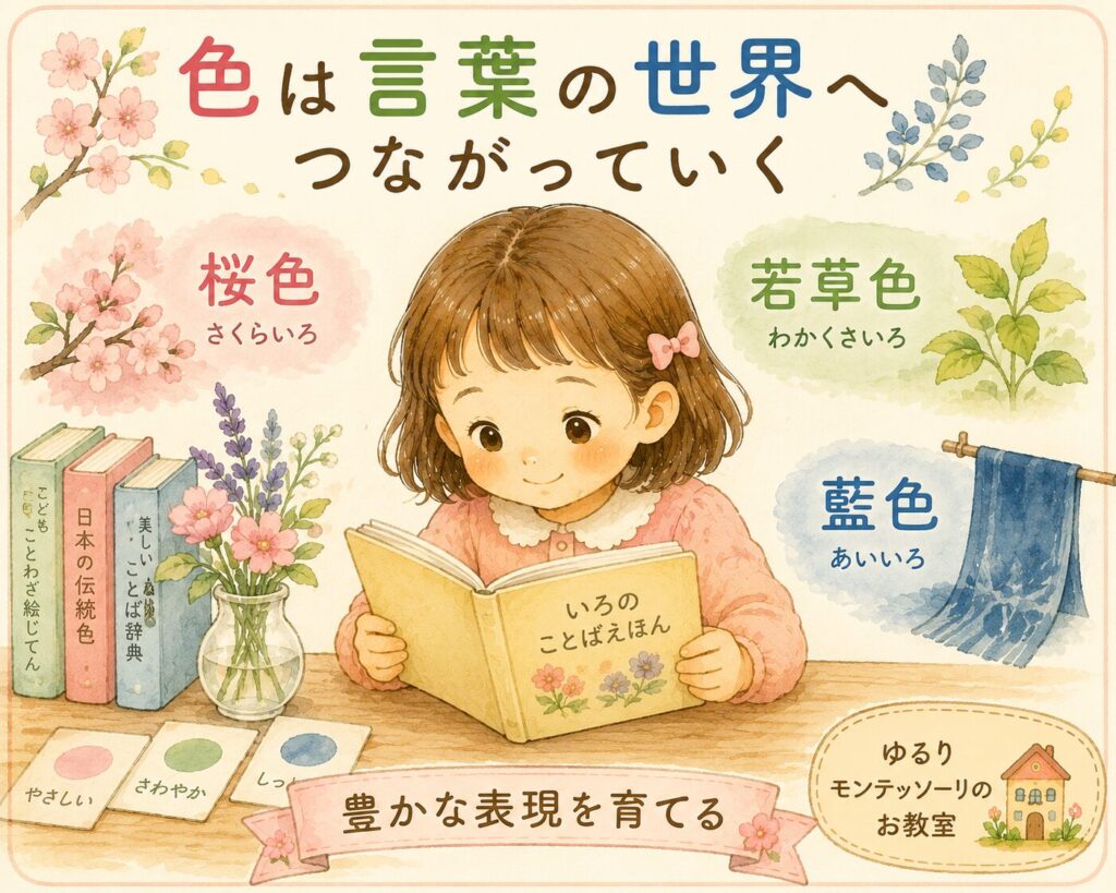 桜色や藍色など豊かな色の言葉を楽しむ女の子のイラスト