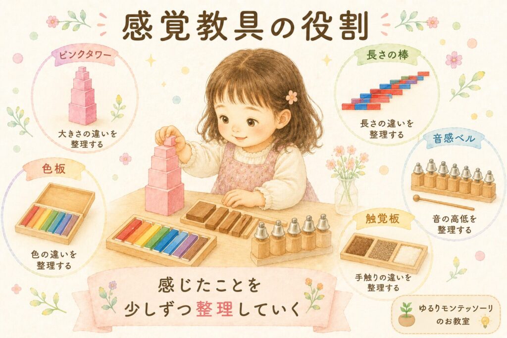 ピンクタワーや色板などの感覚教具で感覚を整理する様子