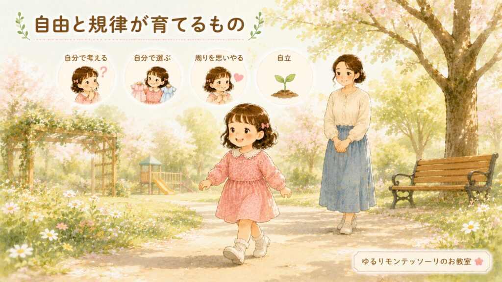 自由と規律を身につけ笑顔で成長する子どもと見守るお母さんのイラスト