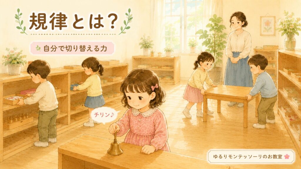 ベルの音を合図に子どもたちが自分で片付けを始めるモンテッソーリ幼稚園のイラスト