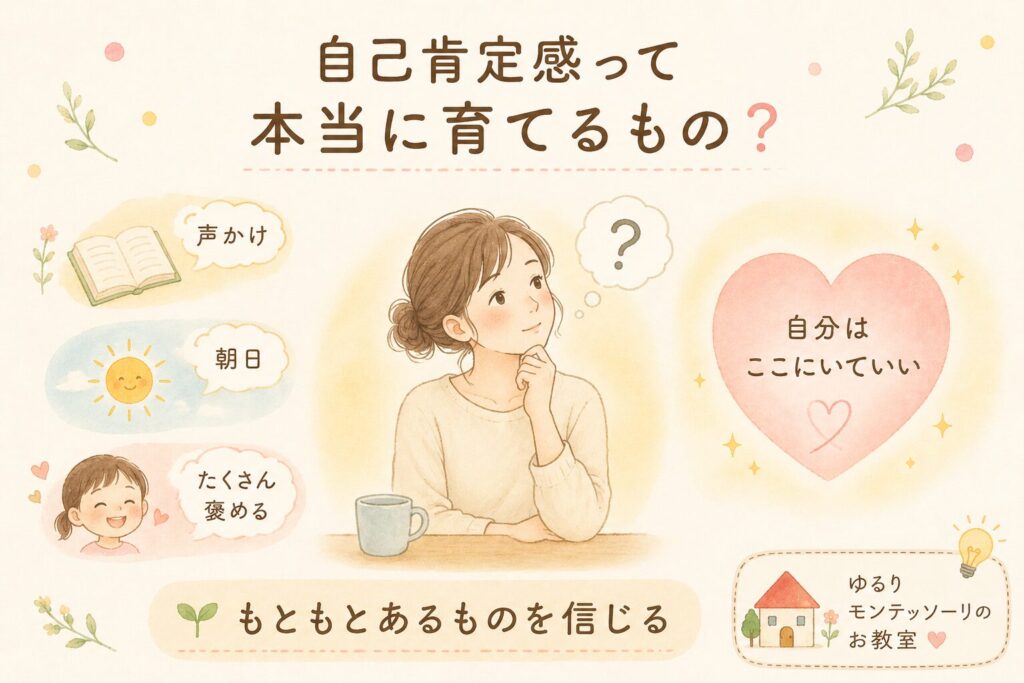 自己肯定感を高める声かけや習慣について考える母親と、「自分はここにいていい」というメッセージを描いたイラスト。