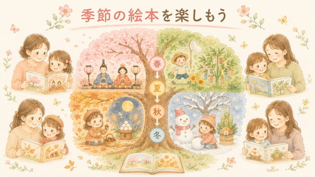 春夏秋冬を楽しむ親子のイラスト