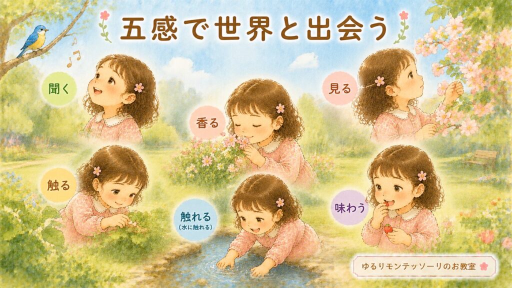 五感を使って自然を感じる子どものイラスト
