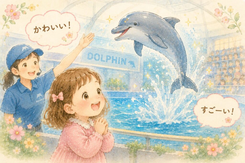 イルカショーを楽しみながら「かわいい！」と喜ぶ女の子のイラスト