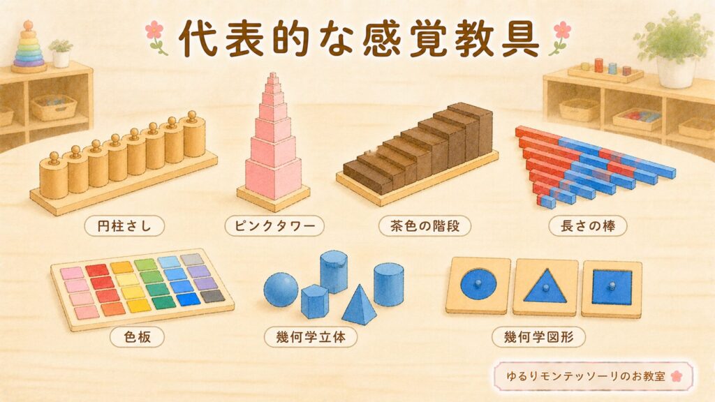 円柱さしやピンクタワーなど代表的な感覚教具の一覧イラスト