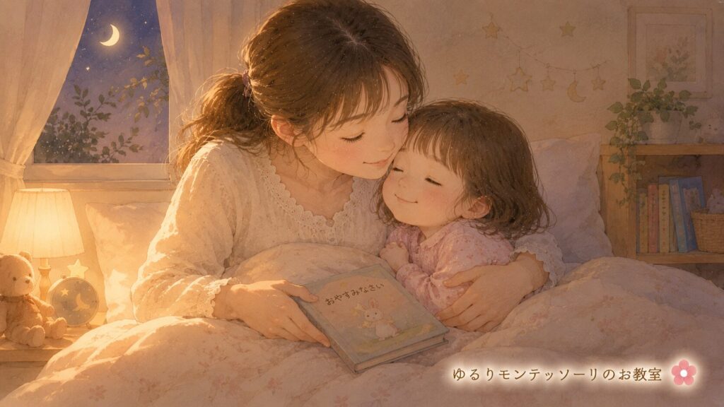 絵本を読み終えて寄り添う親子
